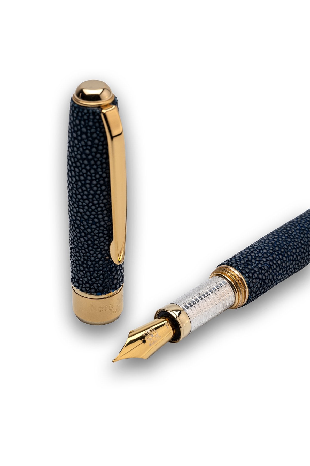 Penna Stilografica Pelle di Razza Blu e Argento - vista 3