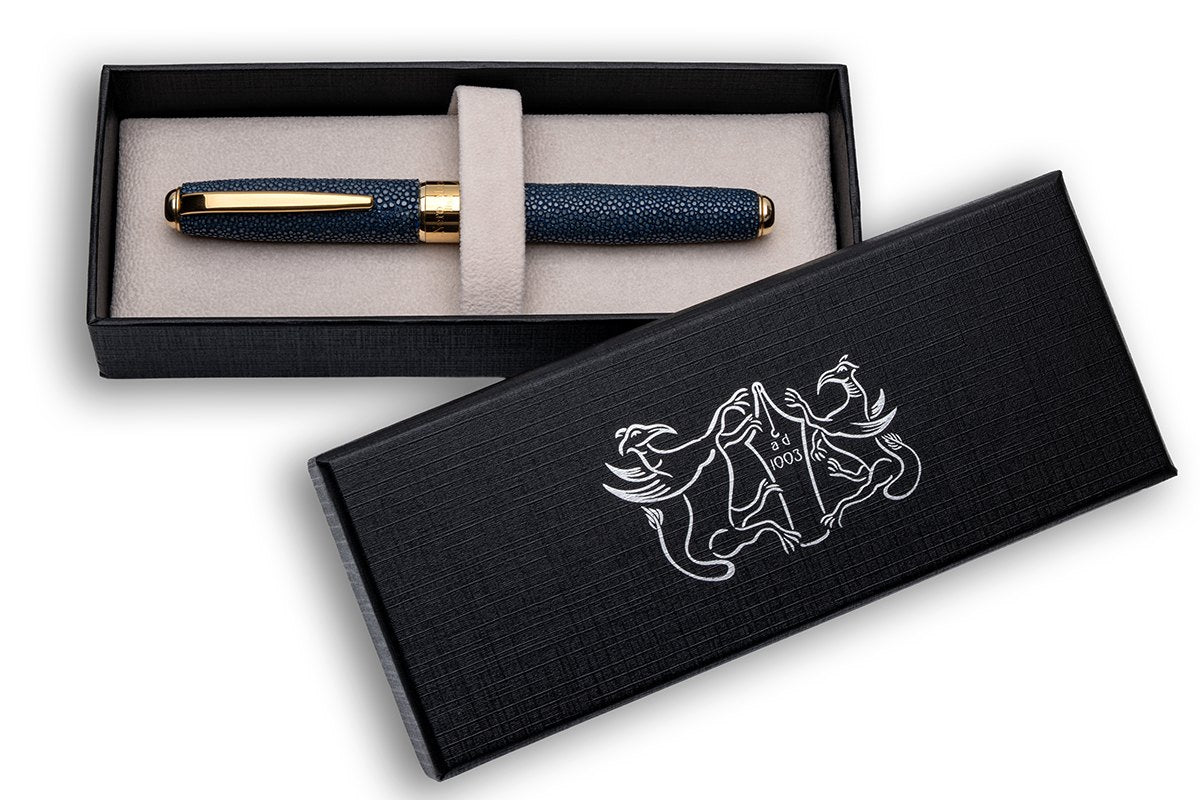 Penna Stilografica Pelle di Razza Blu e Argento - vista 8