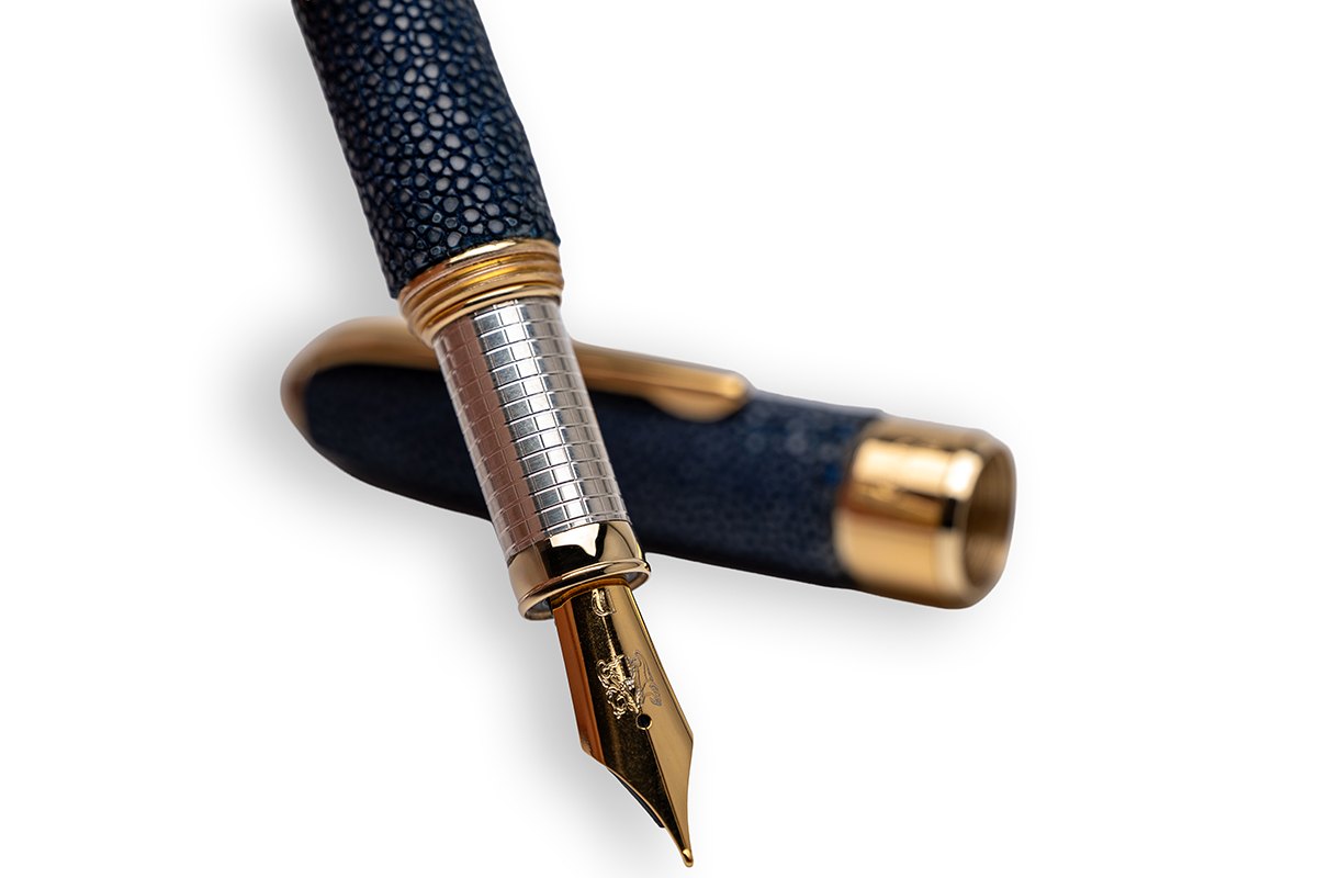 Penna Stilografica Pelle di Razza Blu e Argento - vista 4