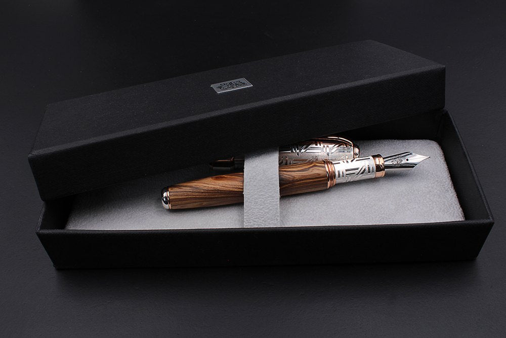 Silver and Olive Wood Fountain Pen - in the gift box