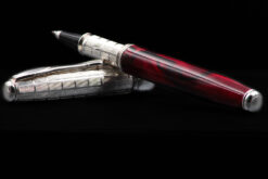 silver and burgundy resin rollerball pen
