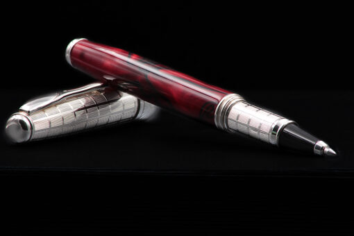 Silver and burgundy resin rollerball pen